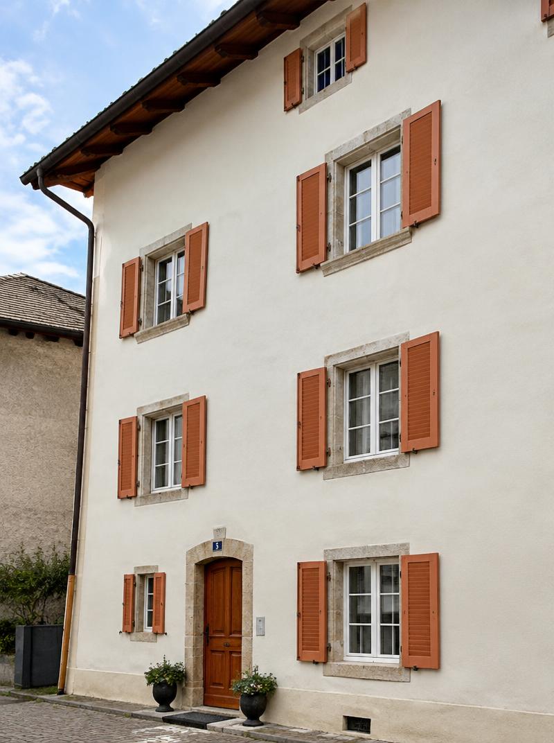 Restaurierte Altbaufassade mit Fensterläden